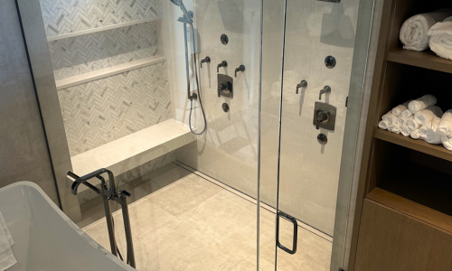 Shower doors in a bathroom