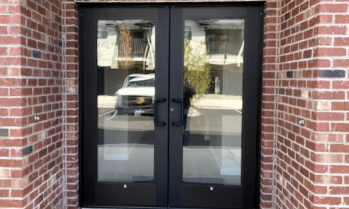 Steel door of a brick building