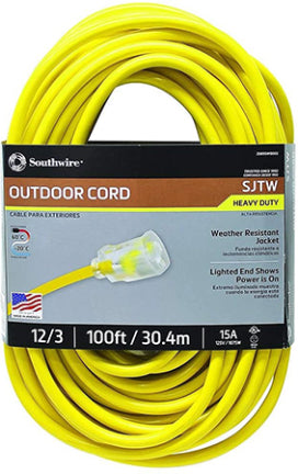 OUTDOOR CORD 12/3 100 FT SJTW YEL LT