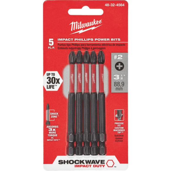 Milwaukee Shockwave #2 Phillips 3-1/2 In. Power Impact Screwdriver Bit (5-Pack)